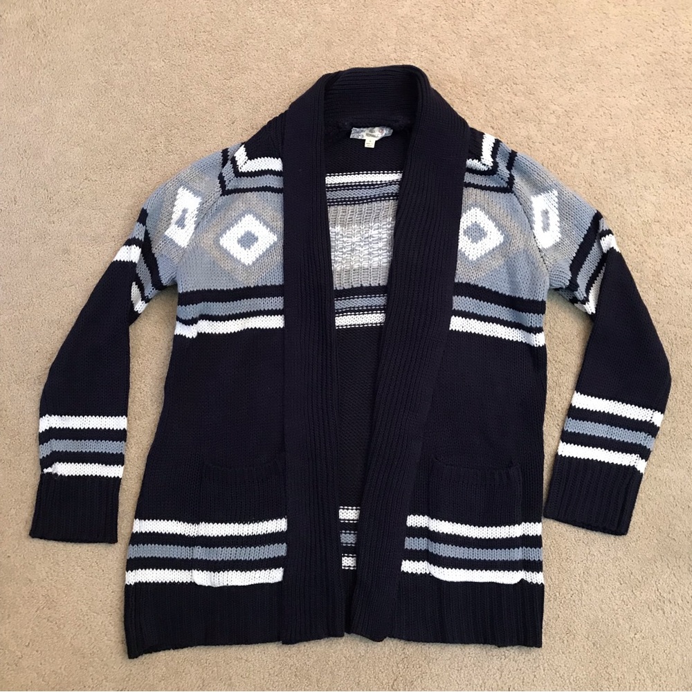 Pink Republic Knit Cardigan Sweater Size L Dark Blue White Pockets FLAW